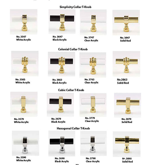 T-Knobs for cabinets and drawers available in clear, black, white acrylic rod and solidrod